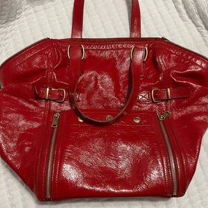 Yves St Laurent Red Patent Leather Downtown Tote Bag